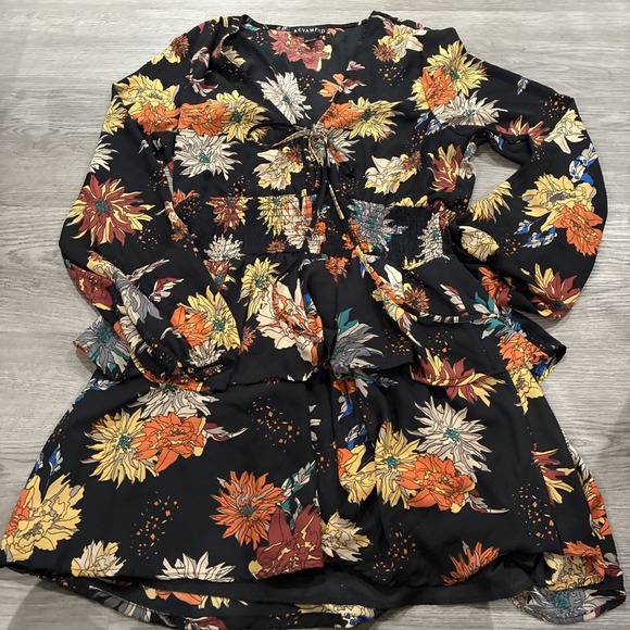 Revamped Dresses & Skirts - Revamped Black Floral Smock Waist Tie Chest Tiered Bottom Long Sleeve (L) Dress